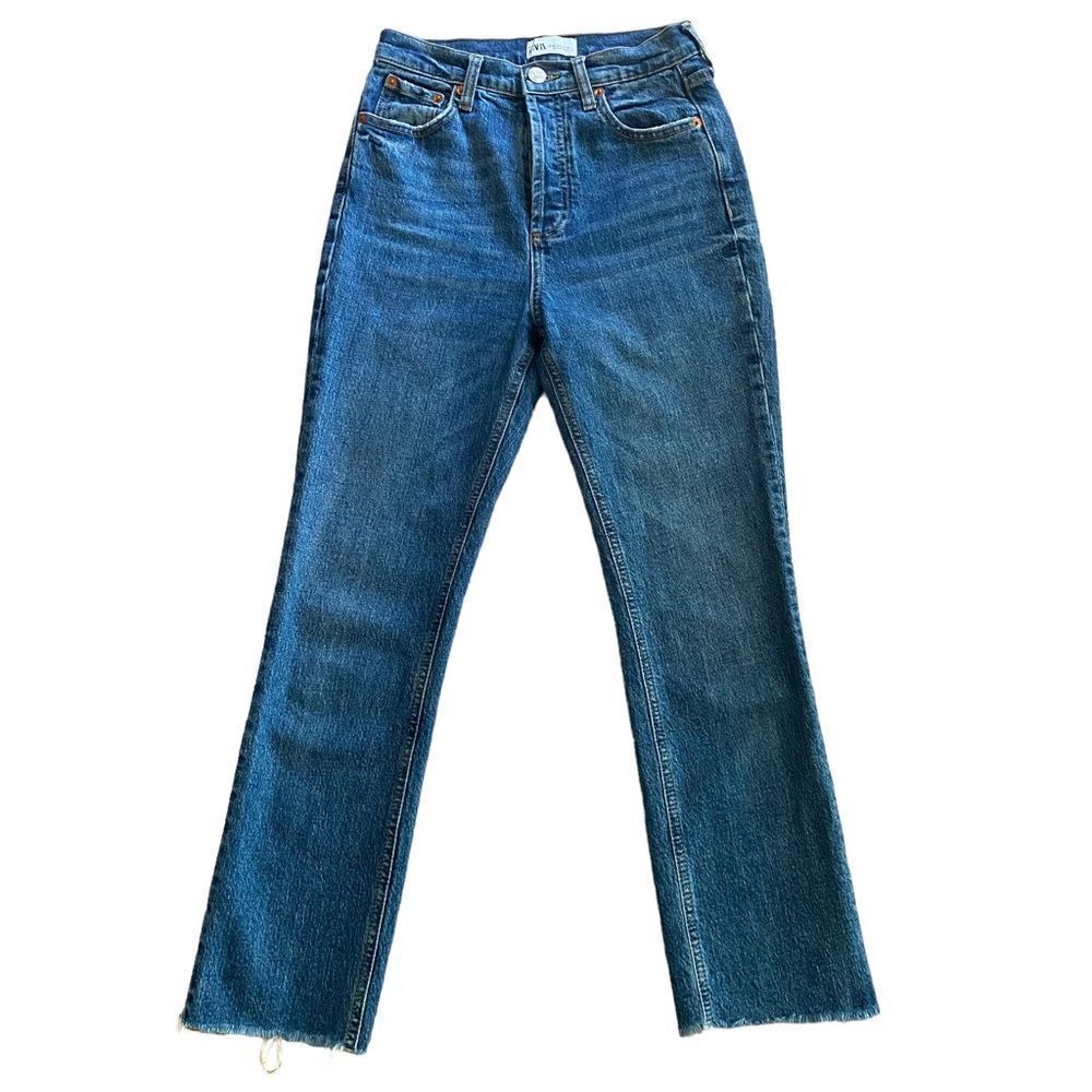 Zara | High Waisted Acid Wash Dark Blue Jeans, Size 4